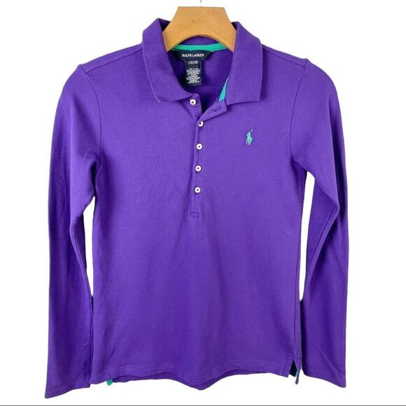 Ralph Lauren Purple Long Sleeve Pique Polo w/ Yellow and Teal Trim Size L(12-14) - Picture 2 of 6